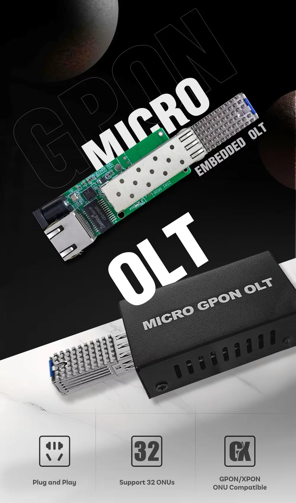 Фото Новое поступление Micro GPON OLT Stick с одним портом FTTH FTTx 1,25G 2,5G SFP Мини портативный OLT для FTTH оптоволокна №4