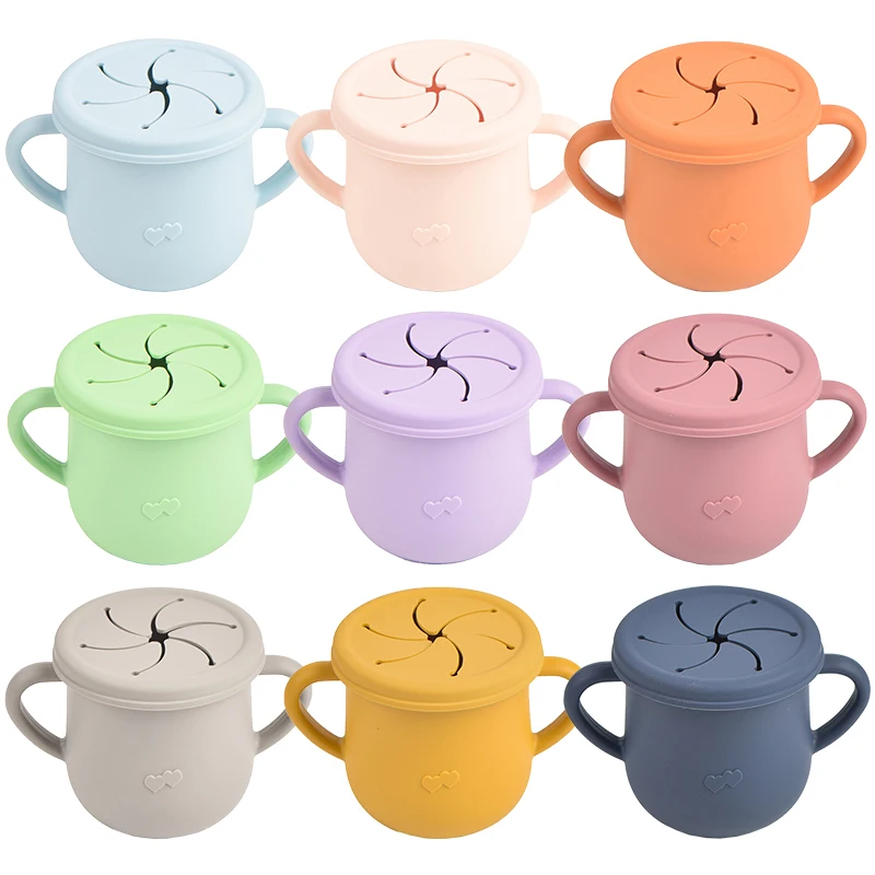 Silicone Baby Snack Cup Solid Color Portable Binaural Drinking Mug Anti-spray Creative Children Food Storage Box Training Cup