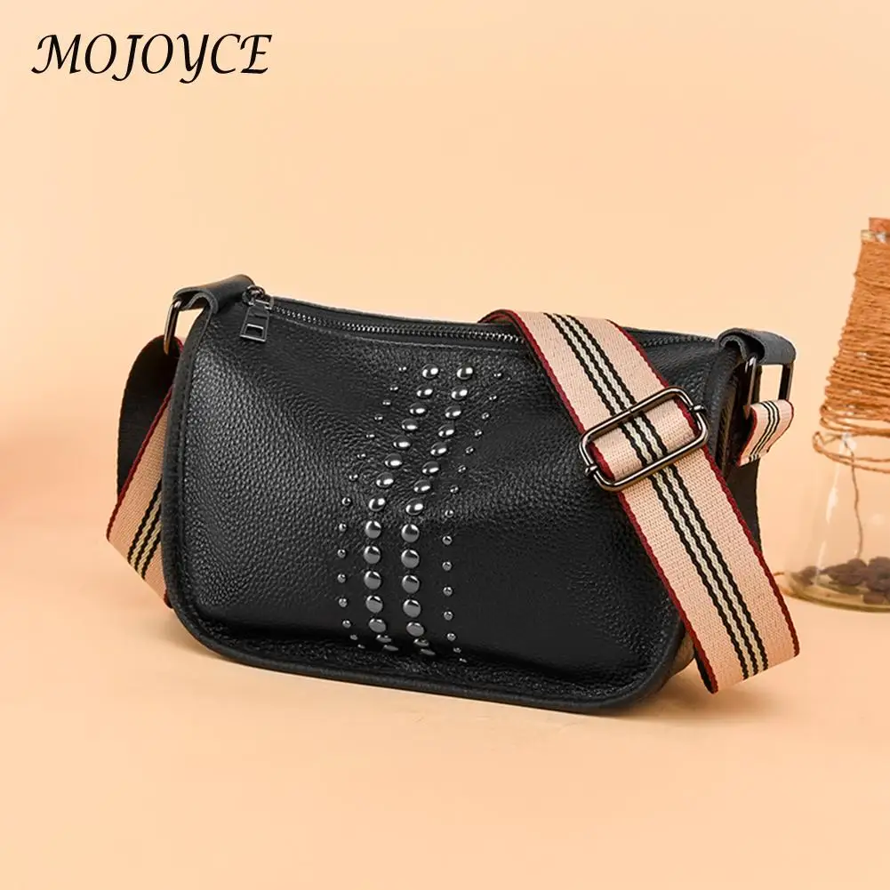 

Fashion Rivet Crossbody Bag Casual Women Cow Leather Wide Strap Shoulder Phone Pouch Travel Ladies Small Handbag