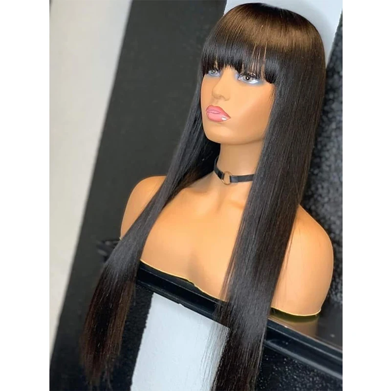 

Soft 26 inch Natural Black Long Silky Straight Synthetic Machine WigWith Bangs For Black Women Glueless Cosplay Heat Fiber Wig