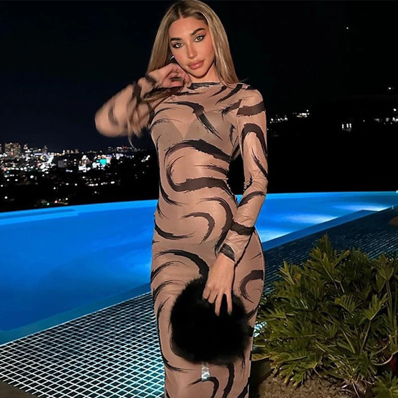 

Mesh See Through Sexy Y2K Clothes Long Sleeve Bodycon Colorful Print Maxi Dresses For Women Club Streetwear Elegant Dress Summer