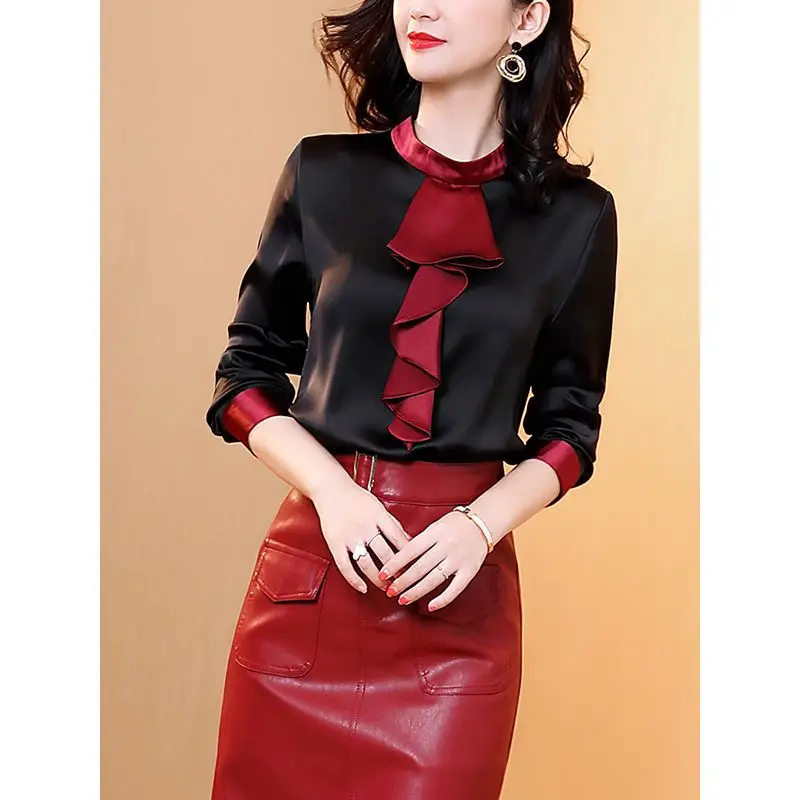 

Spring Autumn Contrast Patchwork Black Blouse Long Sleeve O-Neck Loose All-match Shirt Tops Temperament Elegant Women Clothing