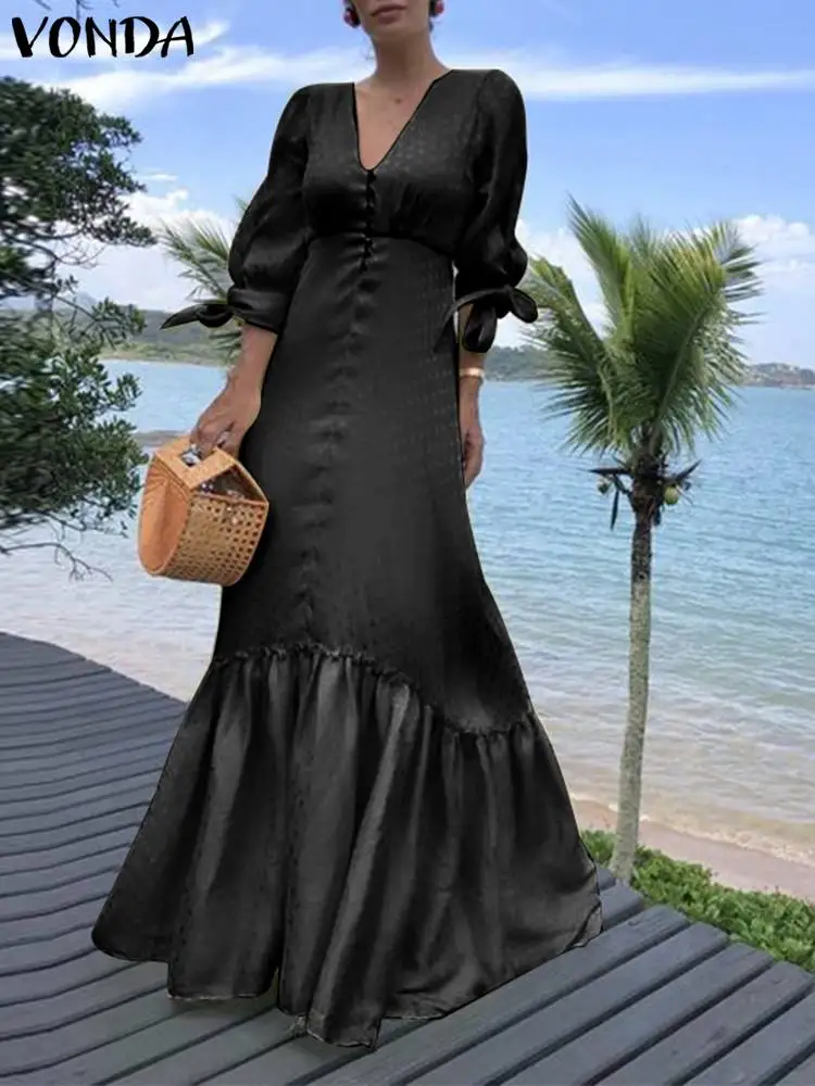 

Женское длинное платье VONDA, летнее однотонное Сексуальное Платье макси с V-образным вырезом, элегантное пляжное праздничное платье, повседн...