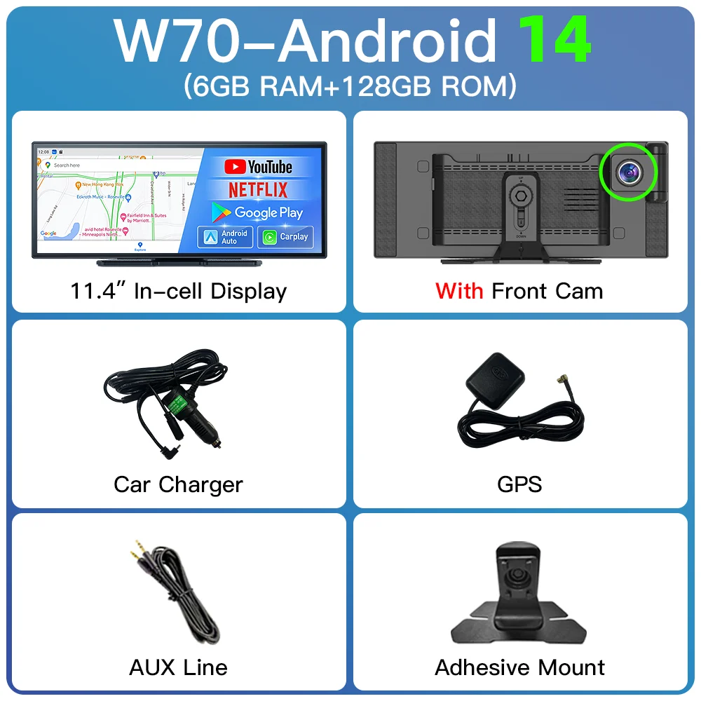 

Видеорегистратор Imagebon 11,4 дюйма, Android 14, 8-ядерный внутриканальный экран с беспроводным CarPlay и Android Auto Youtube Netflix Google Play Автомобильный видеорегистратор