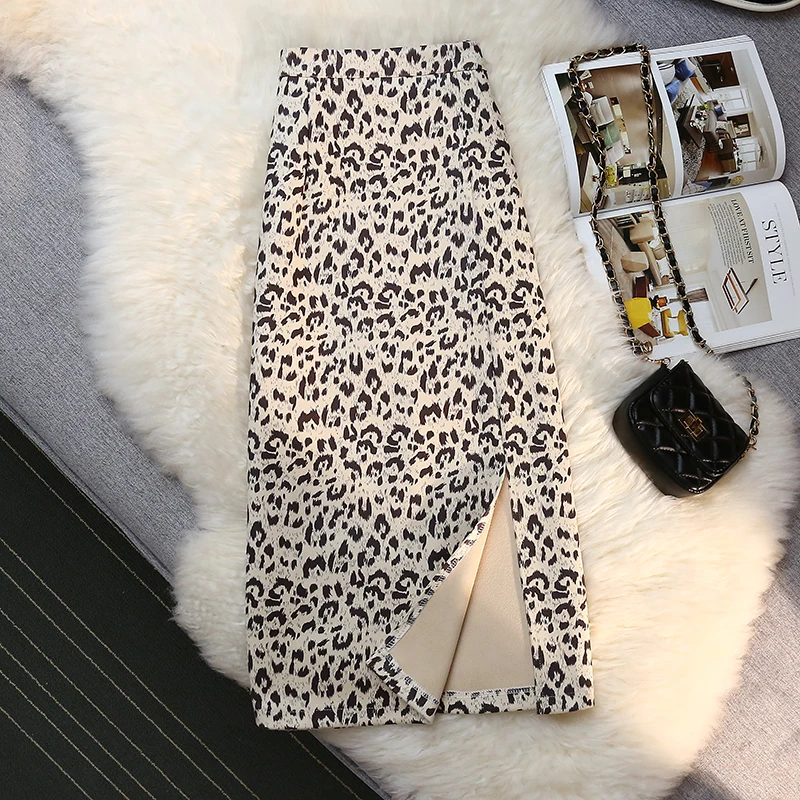 

Long Leopard Skirt Women High Waist Design Back Split Package Hip Skirts Jupe