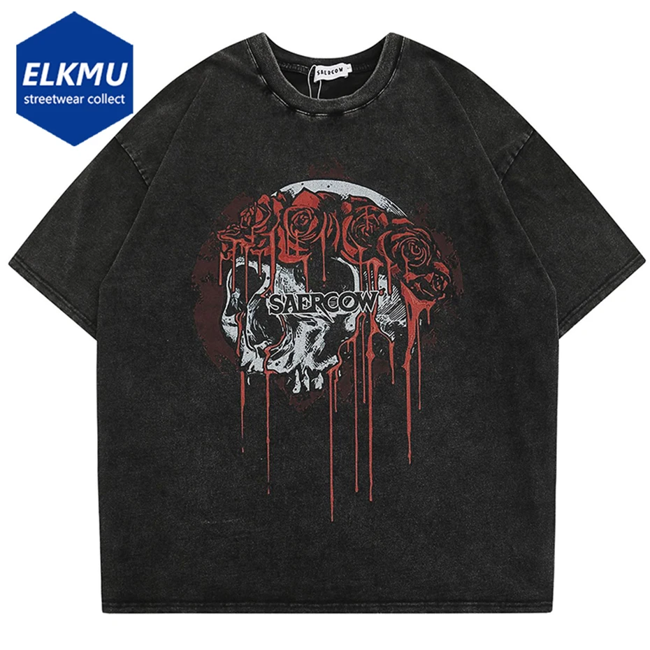 

Винтажная Мужская футболка, уличная одежда, хип-хоп, череп, скелет, графический принт, панк, Готическая футболка 2023, Харадзюку, оверсайз, пром...