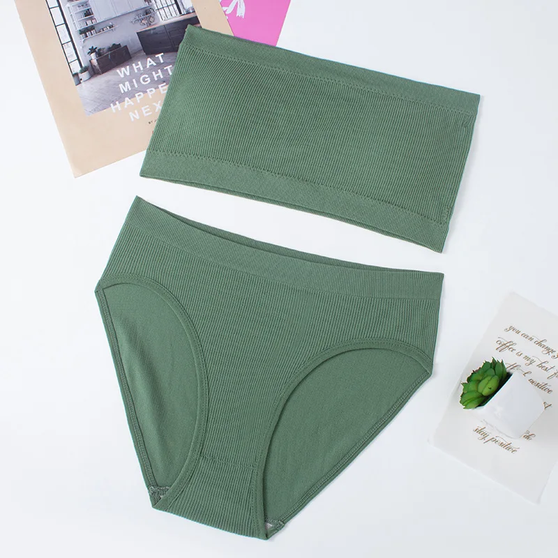 

Women's Sexy Ribbed Underwear Set Erotic Strapless Tube Top Knitting Basic Bra Set Wireless Seamless Bandeau Summer