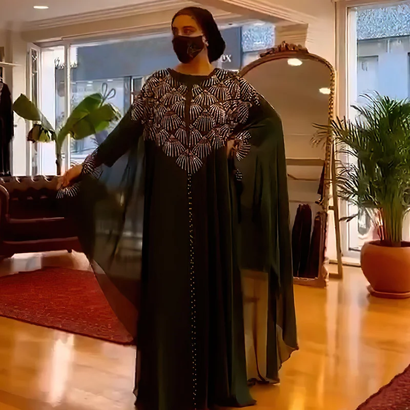 Plus Size Women Clothing Party Dresses Chiffon Heavy Industry Hot Rolled Diamond Beaded Robe Fashion Elegant Female Clothes