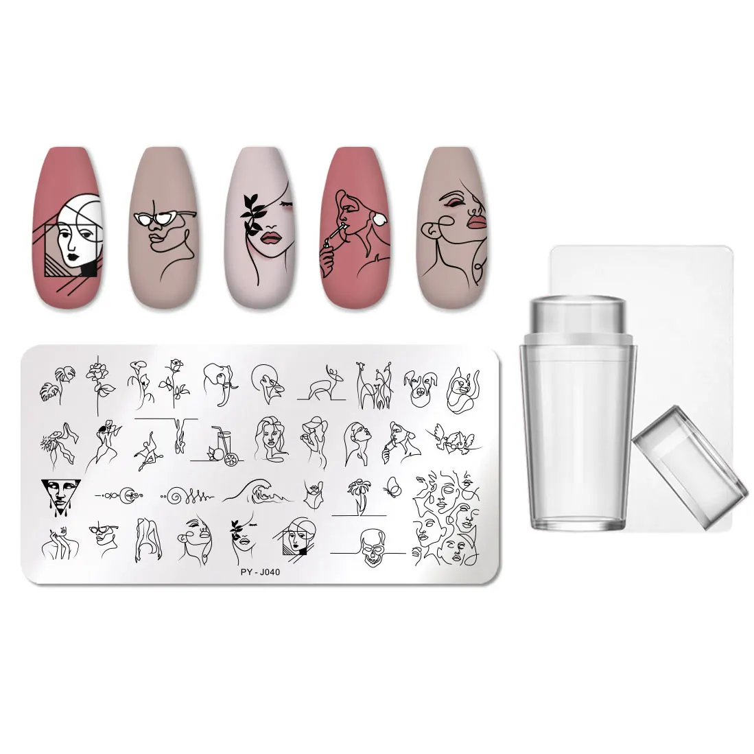 

Lady Face Striped Line Stamping Plates with Silicone Nail Stamper Flower Stamp Geometric Nail Art Stainless Steel Plate Stencil