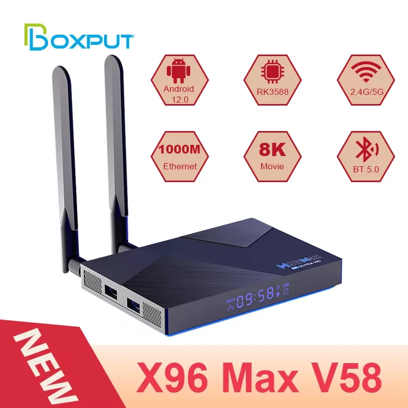 

MAX V58 Android 12.0 Wifi6.0 Quad Core Rockchip RK3588 4GB 8GB 32GB 64GB 1000M LAN 2.4G 5G Dual Wifi BT4.0 Smart Box