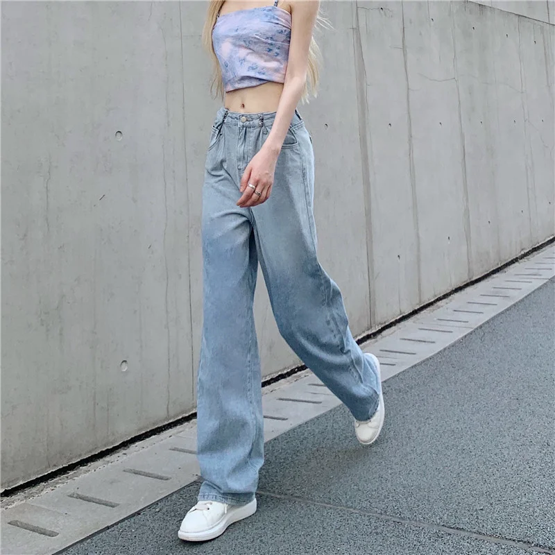Women Summer New Casual Loose Denim Pants 2023 Low Waist Mom Fit Straight Wide Leg Jeans Gradient Light Blue Baggy Jean Female