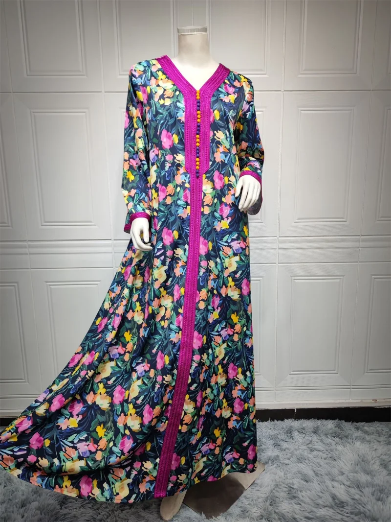 Muslim Abaya Dress Dubai Vintage Floral Printed Long Dresses V-Neck Lace Tape Moroccan Kaftan Woman Ramadan Jalabiya 2023