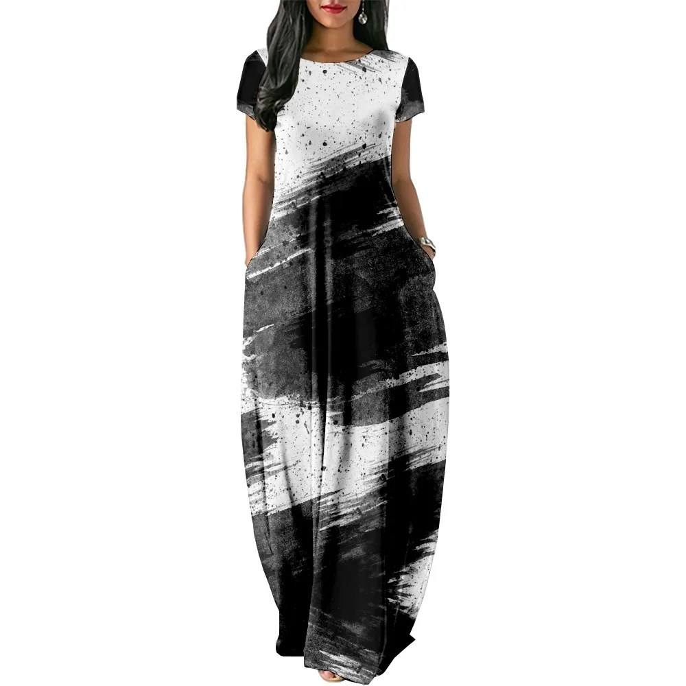 

Ink and Wash Style Print Women Casual Short Sleeve Dress Loose Long Double Pocket Dress Women Dress