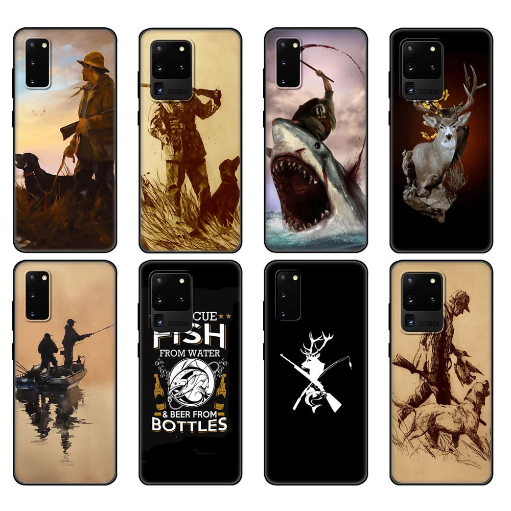 

Black tpu Case For Samsung galaxy S20 /S20 PLUS/S20 ultra/S20+ /S20FE back cover Hunting animal and fishing man