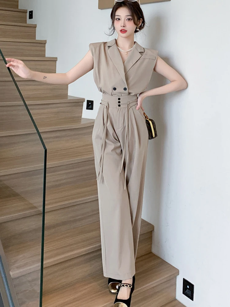 

Женский Повседневный костюм из 2 предметов, блейзер без рукавов и брюки с широкими штанинами и высокой талией, офисная одежда, лето 2023