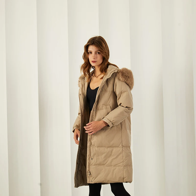 Khaki Light Brown Long Down Jacket Fur Hood Female Womens Winter Coat Thick Warm Long Real Duck Down Jacket with Fur For Women