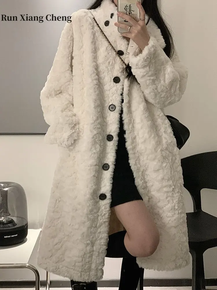 Winter Women's Overcoat 2023 Imitation Rabbit Plush Oversize Korean Fashion Button Designer Medium Length Loose Standing Collar