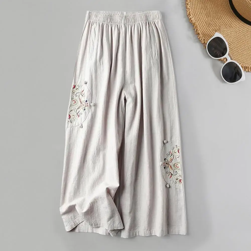 

Women Summer Pants Flower Embroidery Wide Leg Deep Crotch Loose Vintage Match Top Ethnic Style Elastic Waist Summer Ninth Pants