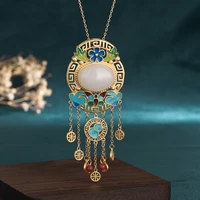 hetian jade gold plated 18k ancient enamel painted hetian jade vintage flow womens necklace