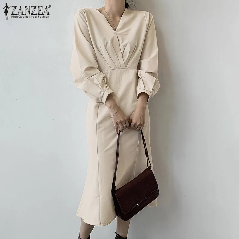 

Модель 2022 года, модное Повседневное платье ZANZEA для вечерние, работы, весеннее однотонное платье до середины икры с V-образным вырезом и длинн...