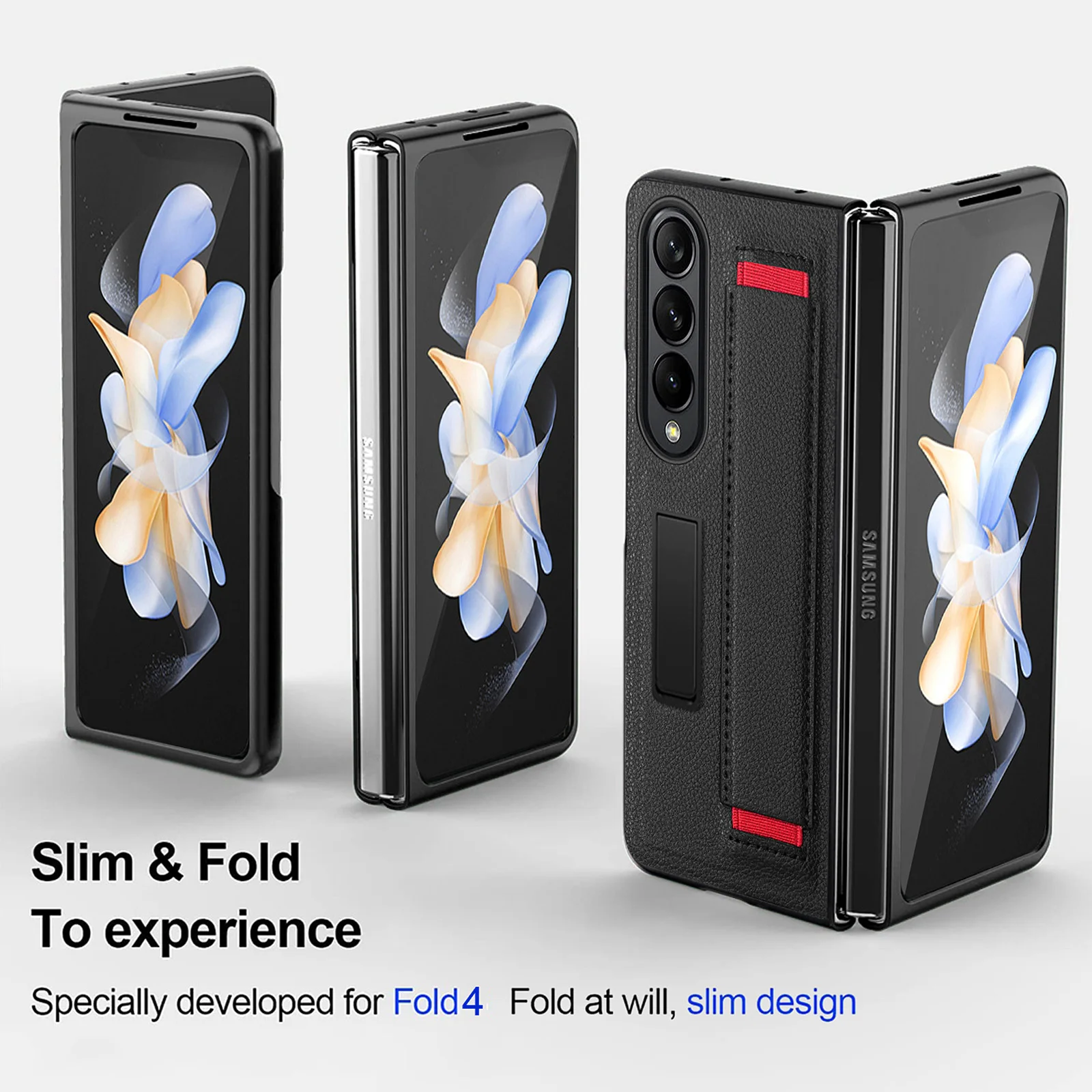 Luxury Pu Leather Case for Samsung Galaxy Z Fold 3 4 Funda with Wrist Strap 360 Full Body Protection Phone Case with Kickstand