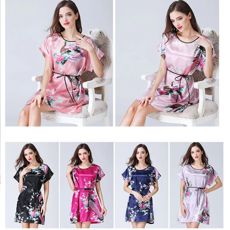 

Spring Summer Womens Sexy Silk Satin Sleepwear Dressing Gown Floral Peacock Printed Party Wedding Bridesmaid Loose Dress Pajamas