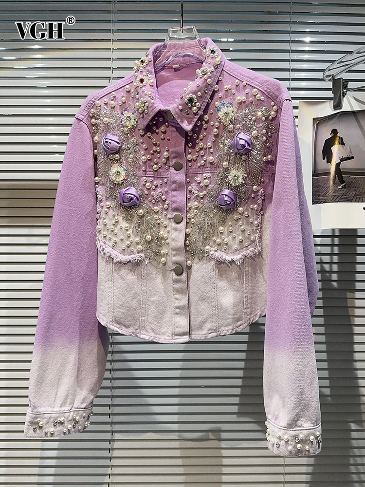 

Женская джинсовая куртка VGH, однобортная Лоскутная куртка с градиентным переходом цвета, с длинным рукавом и отложным воротником и вышивкой