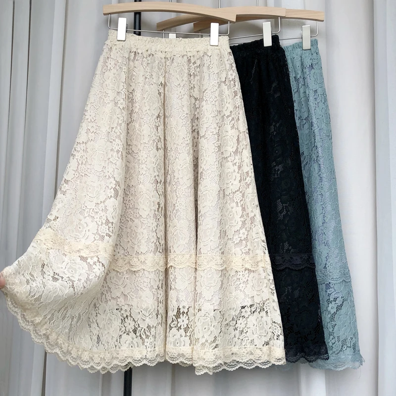 

Spring Summer Lace Skirt High Waist Plain Color Flower Hollow Out Midi Skirt Women Elegant Fashion A Line Skirt Office Lady