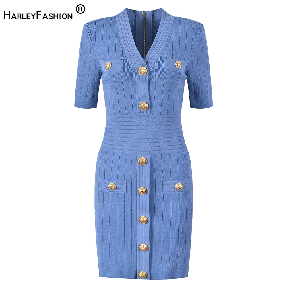 

2023 New Summer Hot Popular Short Sleeve V-neck 3 Colors Sheath Street Knitted Women Dress with Buttons