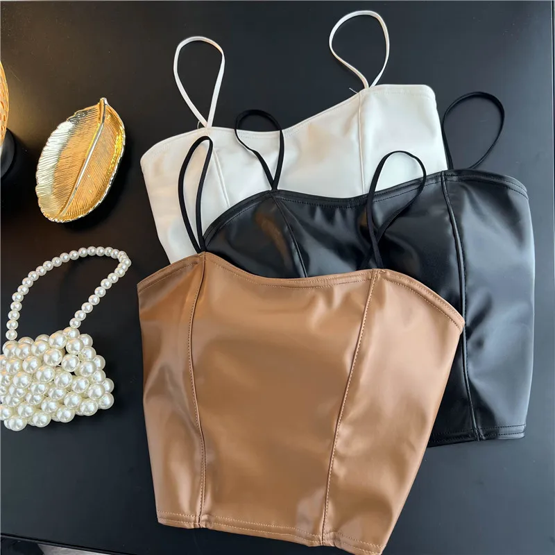 

LIRUICHENG Women Faux Leather Strap Tops Elastic Ruched Lace Splice PU Leather Y2K Tops Summer Sexy Off Shoulder Short Camisole
