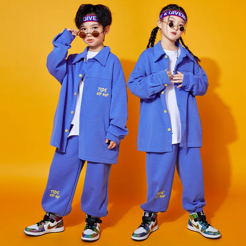 

Kid Kpop Hip Hop Clothing Blue Oversized Shirt Jacket Top Streetwear Jogger Sweat Pants for Girl Boy Dance Costume Clothes Set
