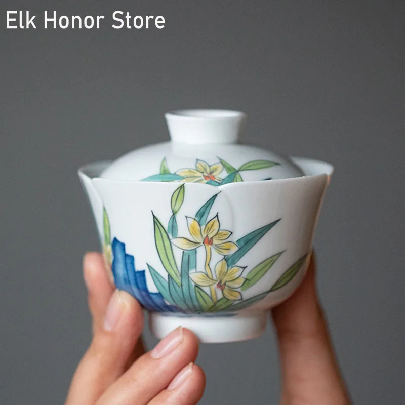 

100ml Pure Hand-painted Narcissus Orchid Art Tea Tureen Boutique Tea Maker Gaiwan Ceramic Hand Grasping Tea Bowl Kung Fu Teaware