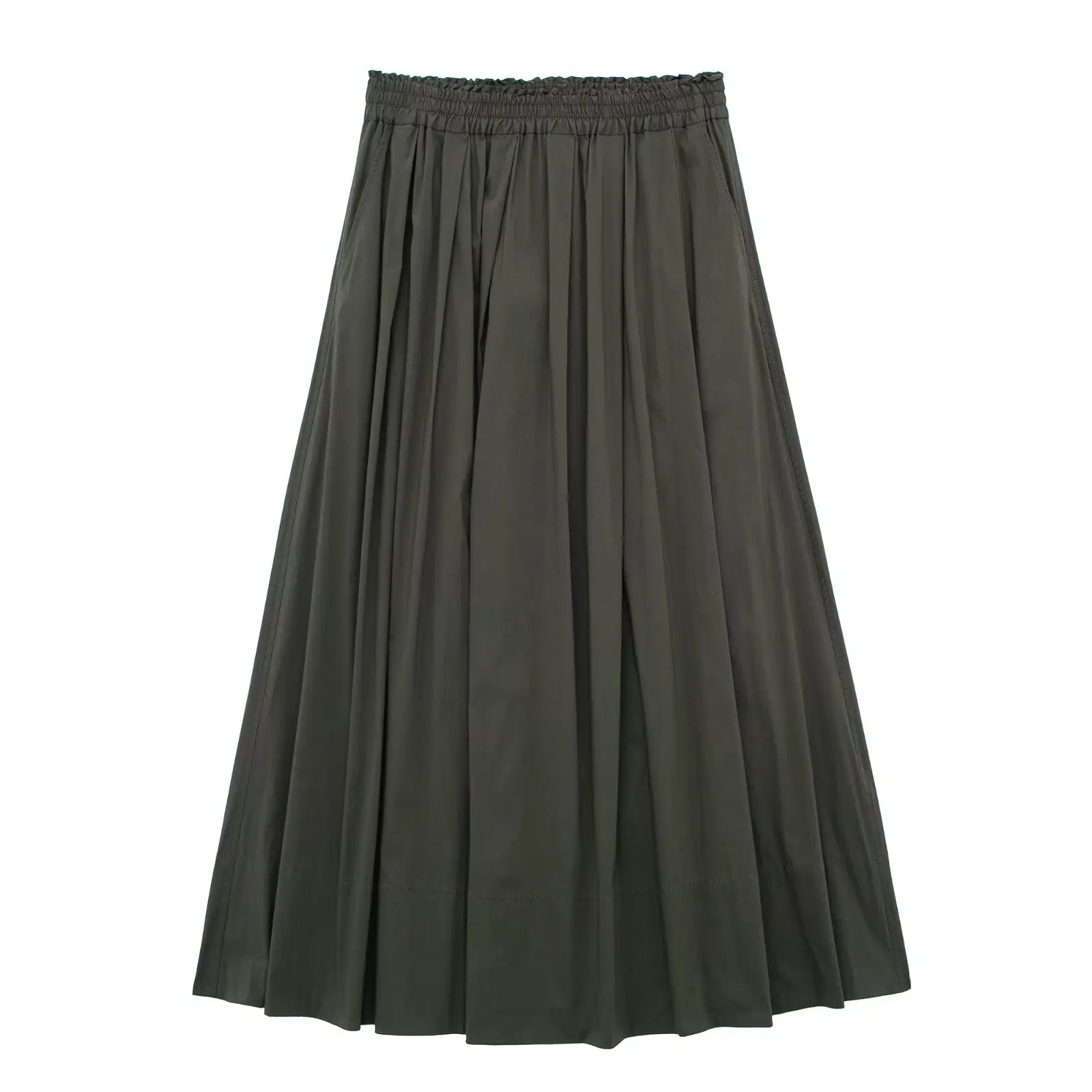 

Women 2023 New Chic Fashion Summer Green Fold Poplin Midi Skirt Vintage High Waist Relaxed Female Skirts Mujer