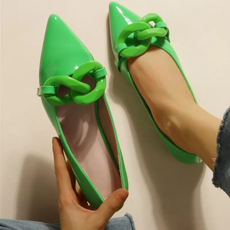 New Candy Color Chain Buckle Flat Shoes Women Flat Heel Ballet Pointed Toe Slip on Female Ballerina Comfy Loafer Ladies Shoes 42