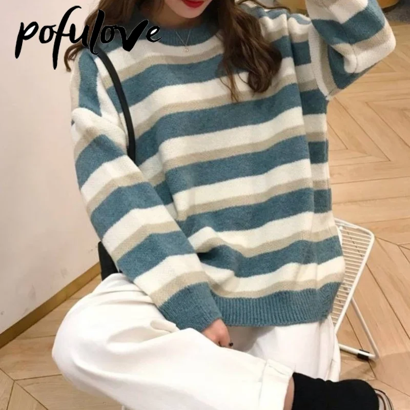 

Women's Stripe Sweater Round Neck Korean Loose Pullover All-match Knit Thicken and Keep Warm In Autumn and Winter Women Tops