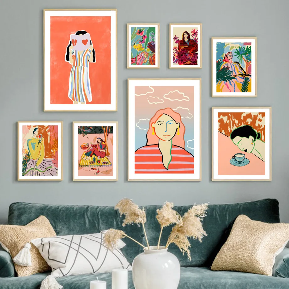 

Nordic Vintage Poster Coffee Picnic Read Garden Walk Girl Abstract Wall Art Print Canvas Painting Decor Pictures For Living Room
