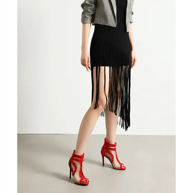 2023 New Denim Women's Sandals With Heels Summer Female Footwear Pointed Toe Stiletto Peep Toe Zip Fashion Mesh Ladies Shoes