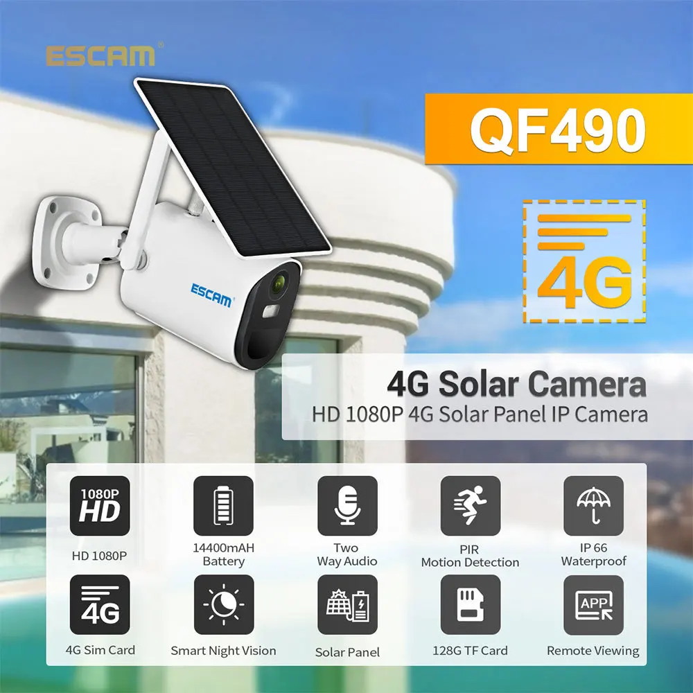 

ESCAM QF490 1080P Cloud Storage 4G Sim card Battery PIR Alarm IP Camera With Solar Panel Full Color Night Vision Two Way Audio