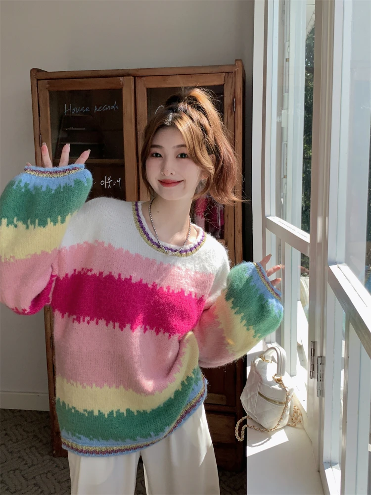 Женский свитер в радужную полоску Y2k Осенний Модный пуловер Корейском стиле с