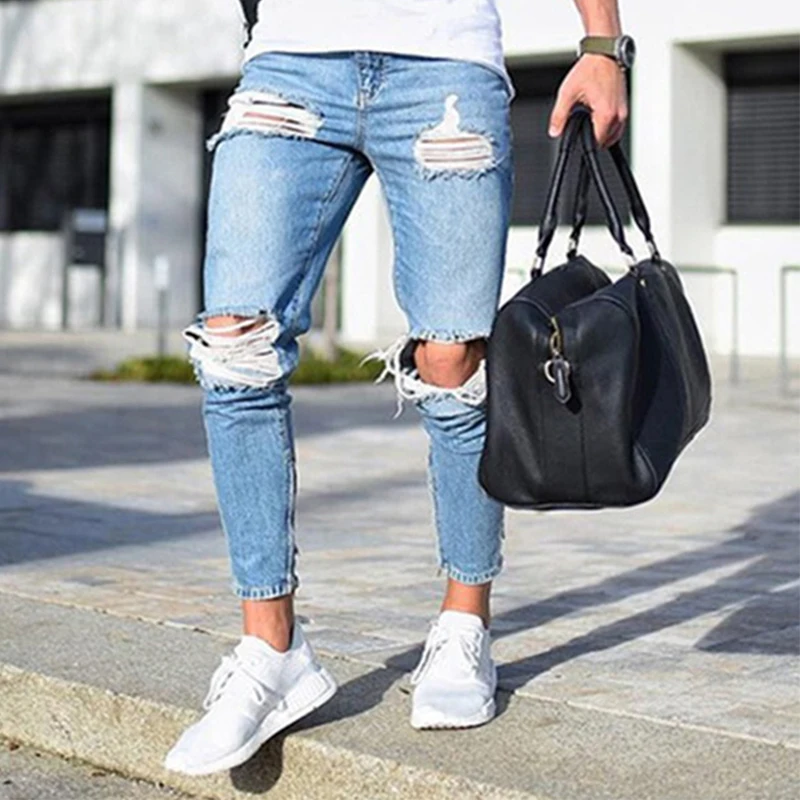 New trend Fashion Men's Clothing Ripped Tight Stretch Cotton Black Blue Jeans Trousers Spring And Autumn Daily Casual Pants S-4X