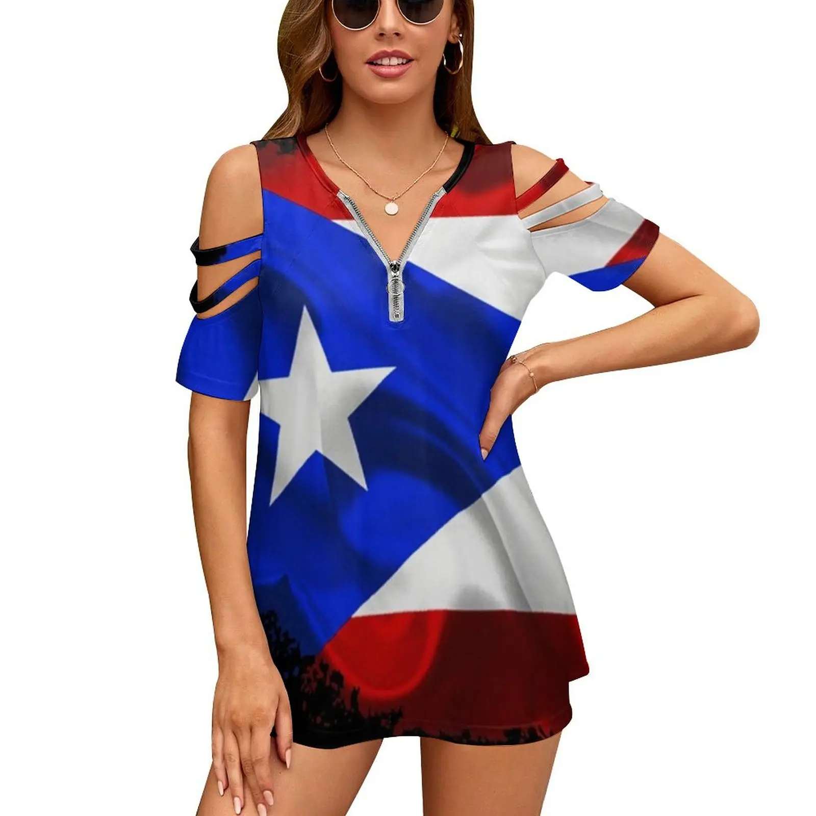 

Puerto Rican Flag | | | By Solomaskx Women'S T-Shirt Summer Fashion Print Floral V-Neck Zipper Tshirt Hollow Pullover Ladies