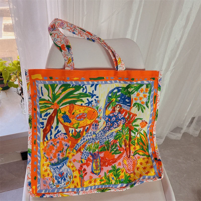 

Fashion Cartoon Oil Print Canvas Bag Large Capacity Double-sided Printed Tote Bag Casual Big Shopper Bag Students Schoolbag