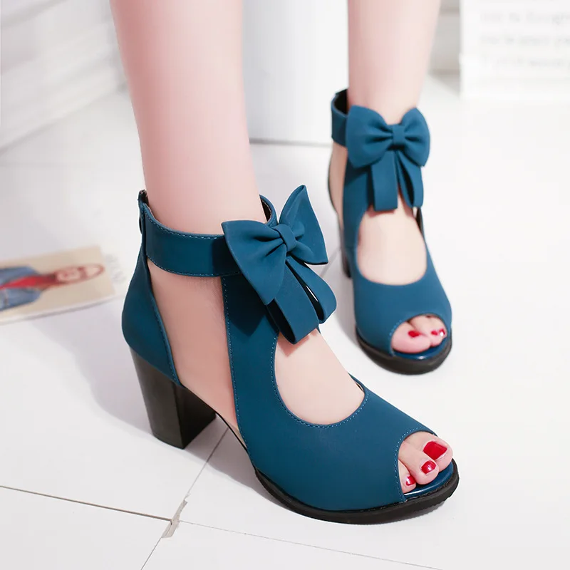 

New Fashion Women's Sandals Bowknot Chunky High Heel Zipper Woman Shoe Summer Sexy Mesh Hollow Open Toe Ladies Sandal