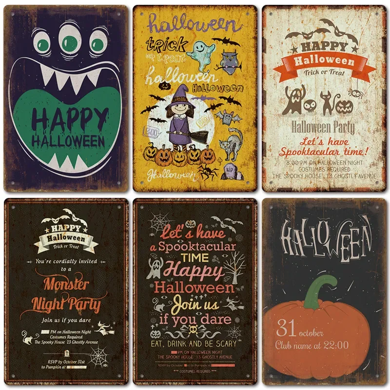 

Halloween retro metal tin paintings American home background wall frameless decorative painting Living Room decor Size 20 X 30cm