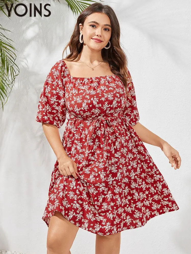 

YOINS Plus Size Sundress Women Half Sleeve Square Neck Mini Dress Bohemian Floral Printed Casual Belted Party Holiday Vestidos