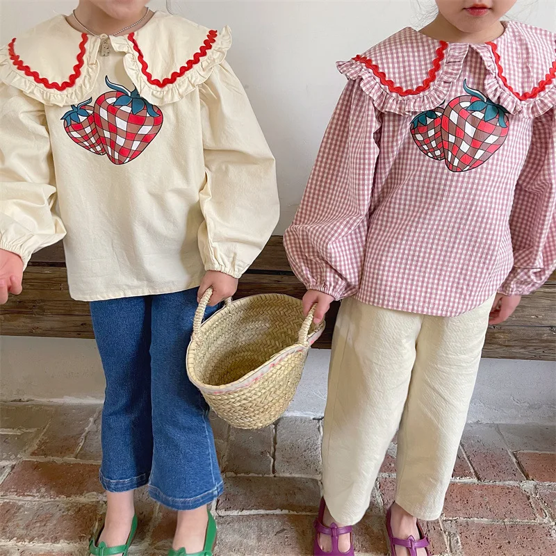 

Girls strawberry printed cotton blouses 2022 Autumn baby girl Turn-down collar long sleeve casual Tops