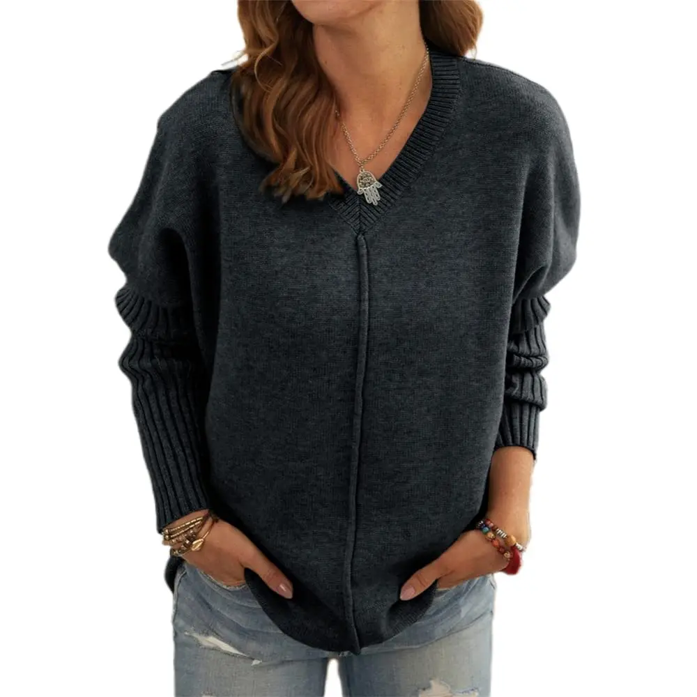 

Women's V-Neck Solid Color Sweater Rib Knit Pullover Casual Long Sleeve Autumn Tunic Top