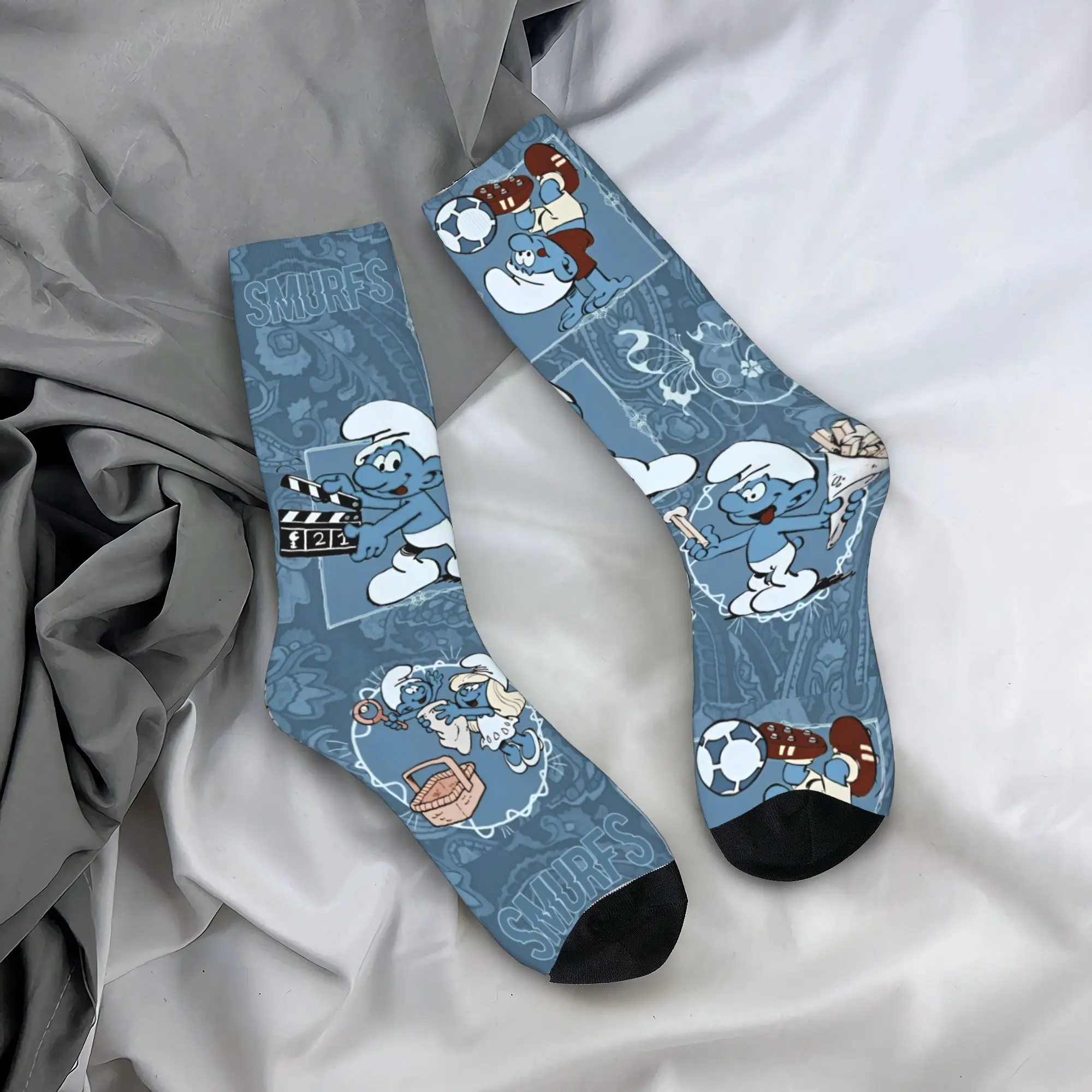 Осенне-зимние ретро женские и мужские S-Smurfs синие носки с героями мультфильмов