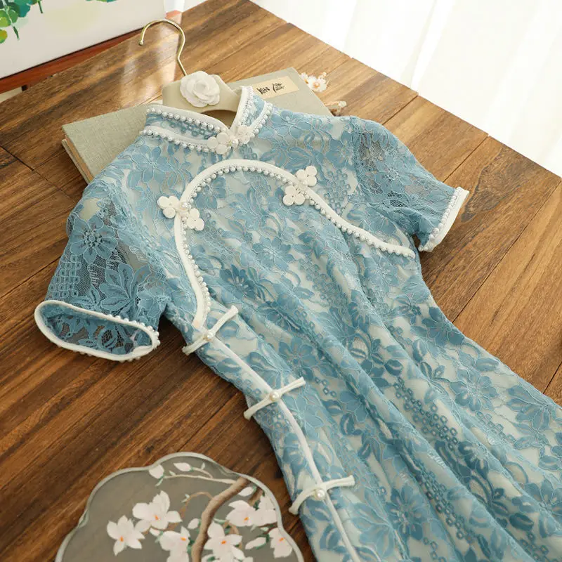 

2022 Ins New Summer Women Qipao Chinese Style Lace Dresses Slim Women Cheongsam