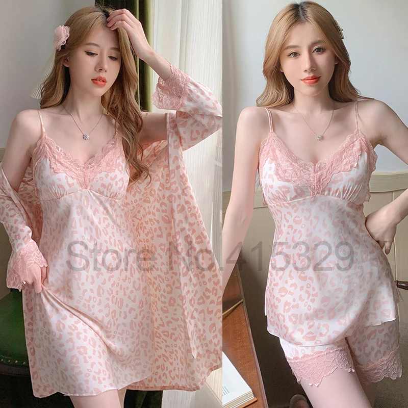 

4PCS Pajamas Suit Sexy Leopard Nightwear Home Clothing Frmale Short Homewear Loungewear Satin Sleep Set Intimate Lingerie